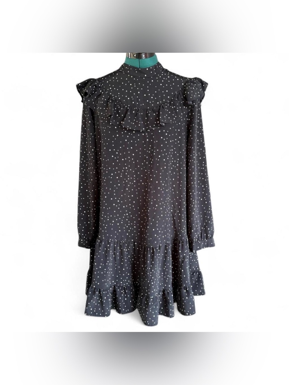 Topshop Black Dress with White Polka Dots and Ruffle Yoke